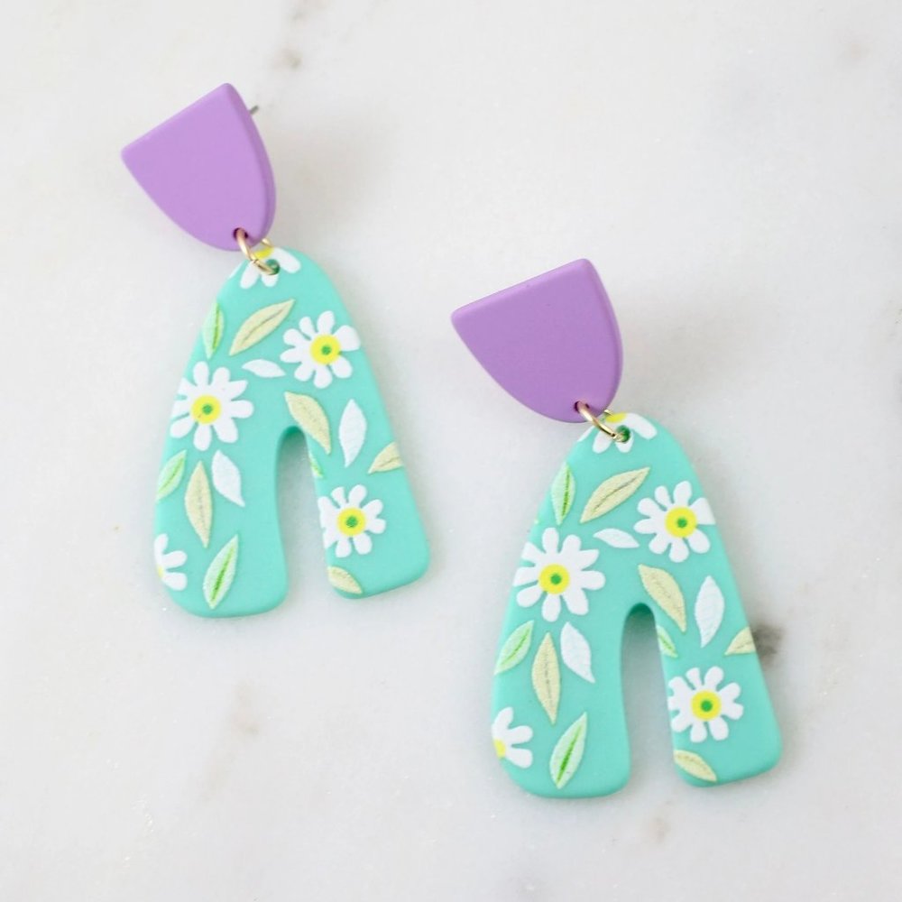 New Daisy Drop Earrings Mint and Lavender Floral Modern Abstract